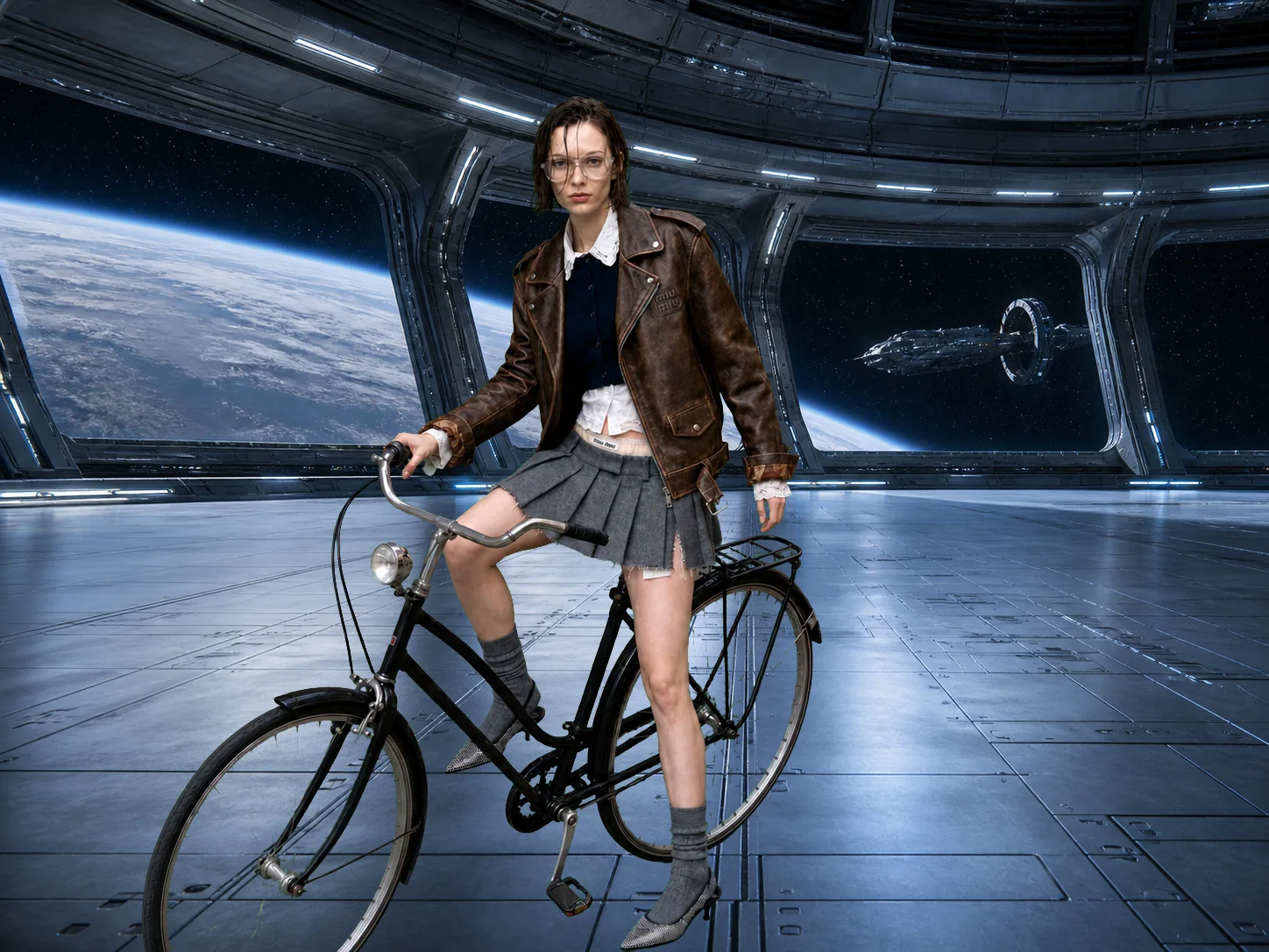 The cyclist inside a space station looking down on Earth