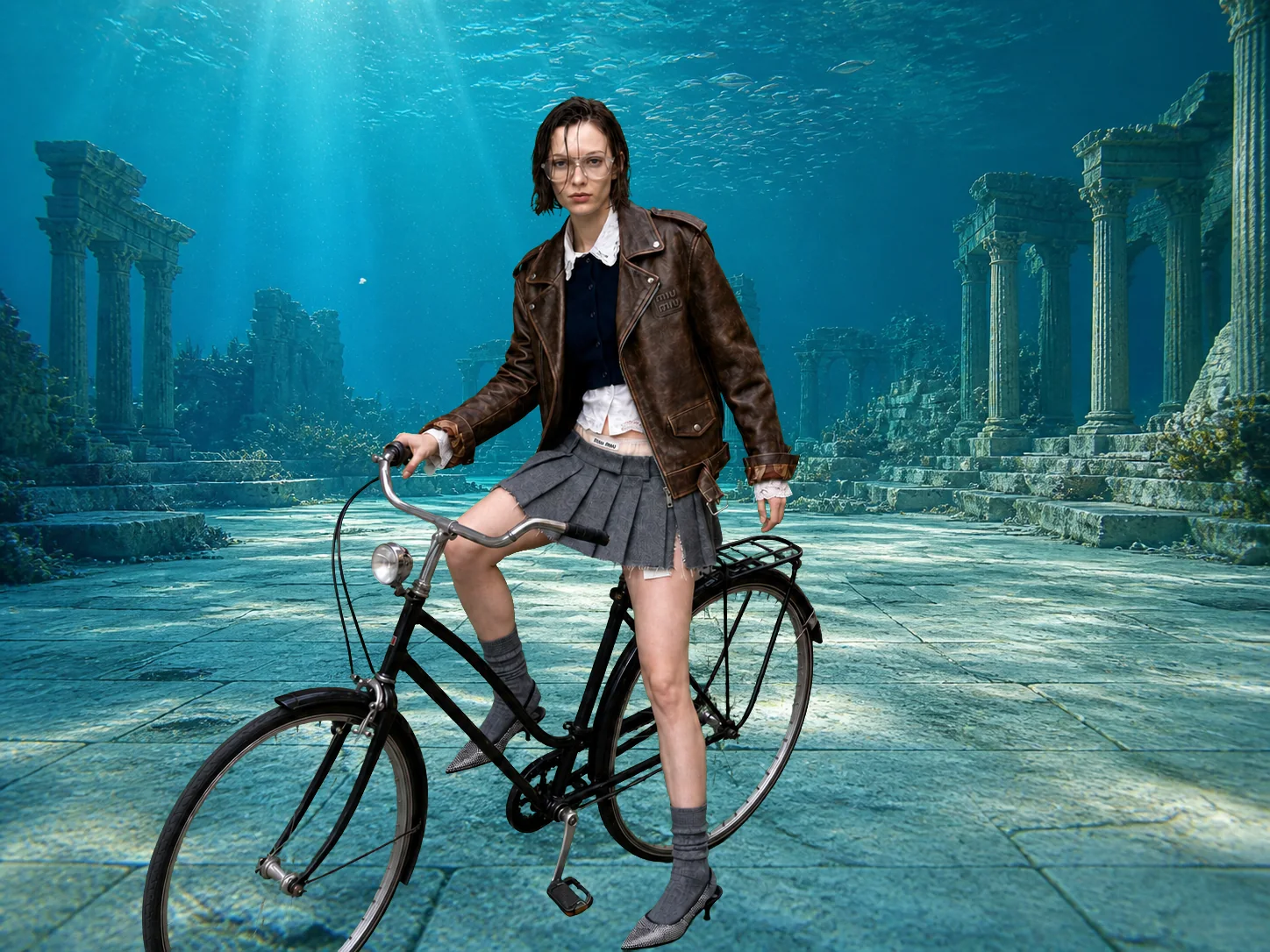 The cyclist among sunken ruins on the sea floor