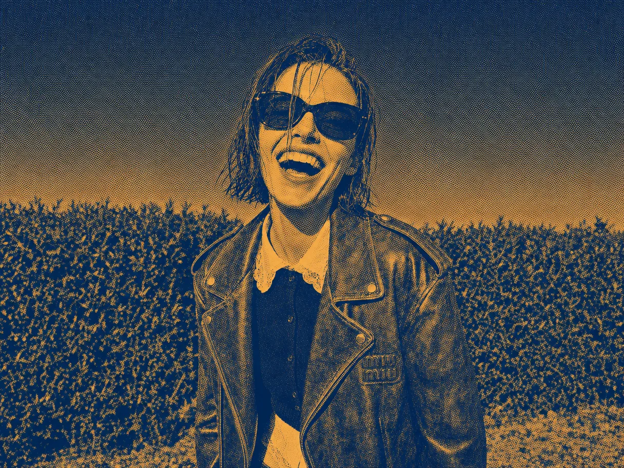 The same shot as an indigo-and-orange halftone duotone print