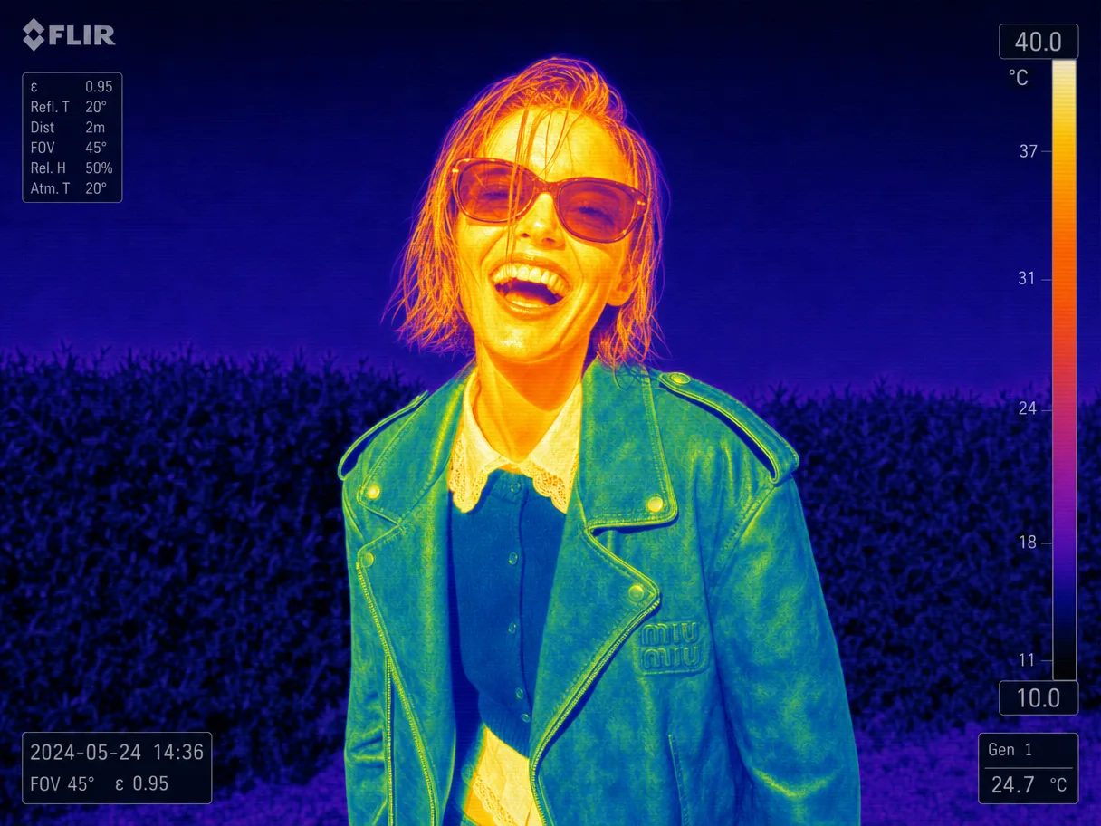 The same shot as a thermal camera image with a FLIR-style overlay