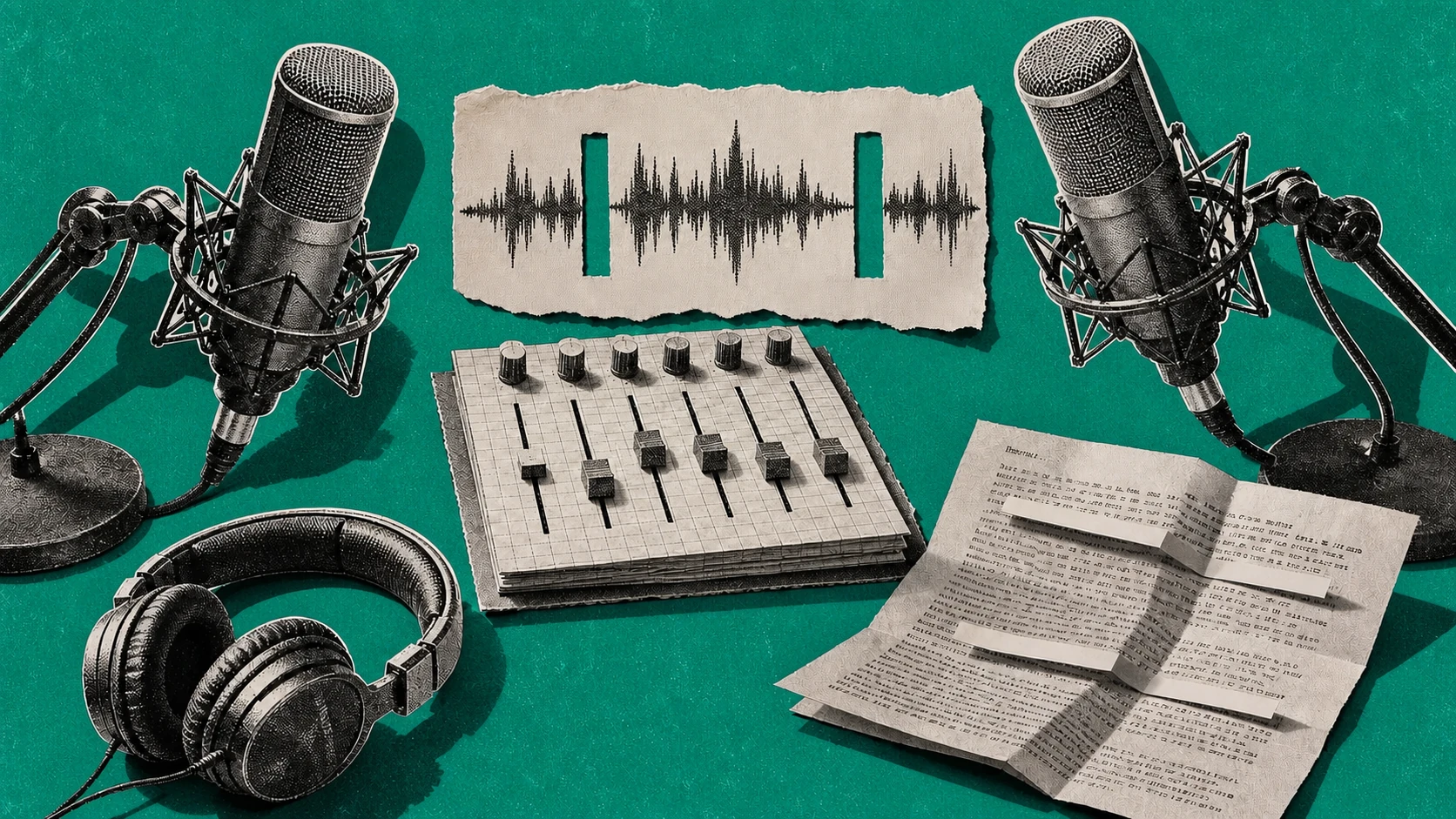 Podcast editing setup showing a condenser microphone, headphones, audio waveform, and transcript card representing best AI video editor for podcast video creation.