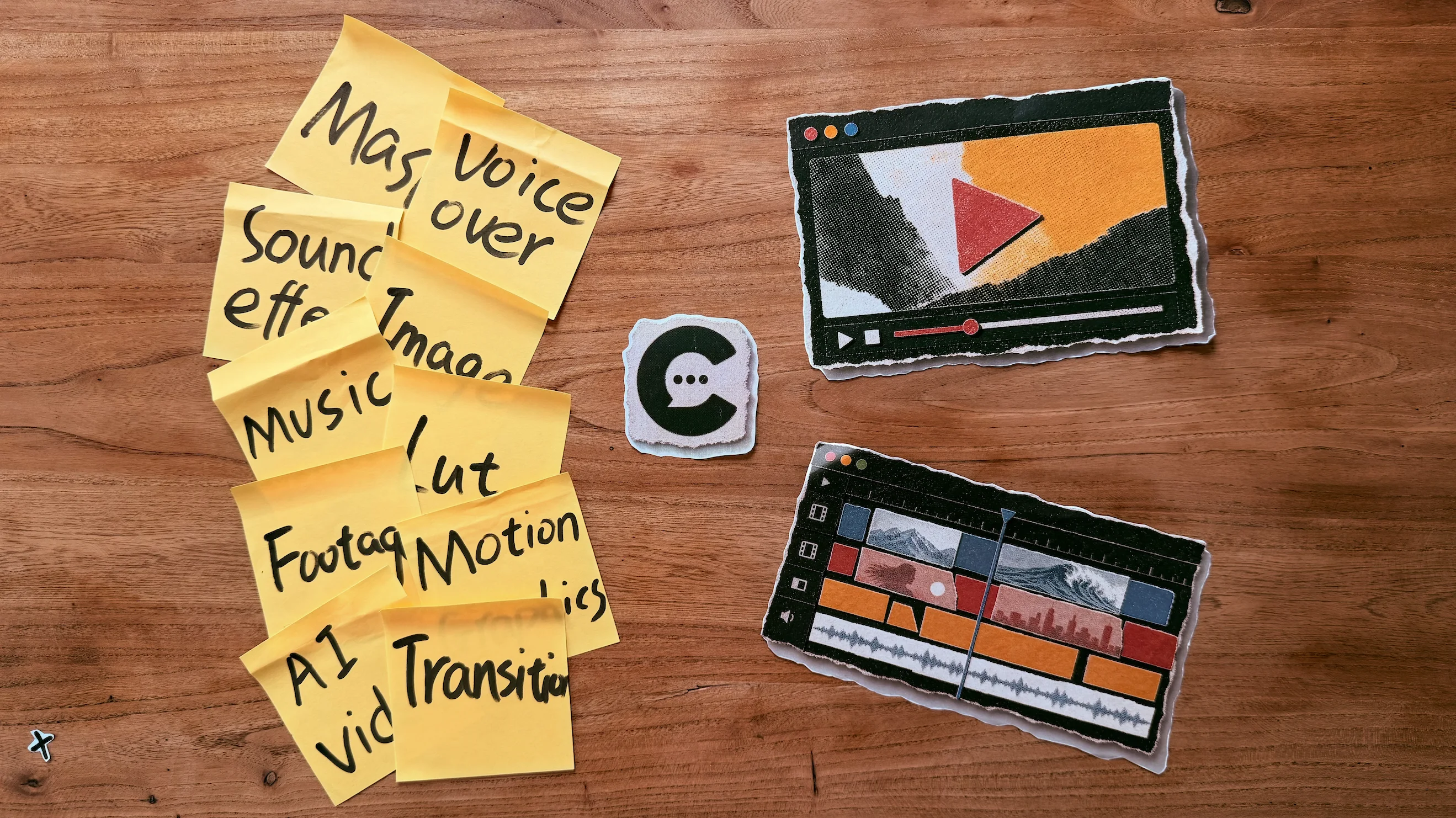 Sticky notes naming voiceover, music, sound effects, footage, LUTs, and Motion Graphics beside the ChatCut mark, a video player, and a timeline