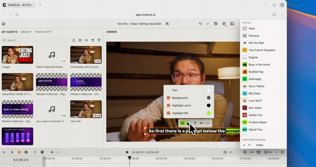 Word-level captions with the current spoken word highlighted in ChatCut