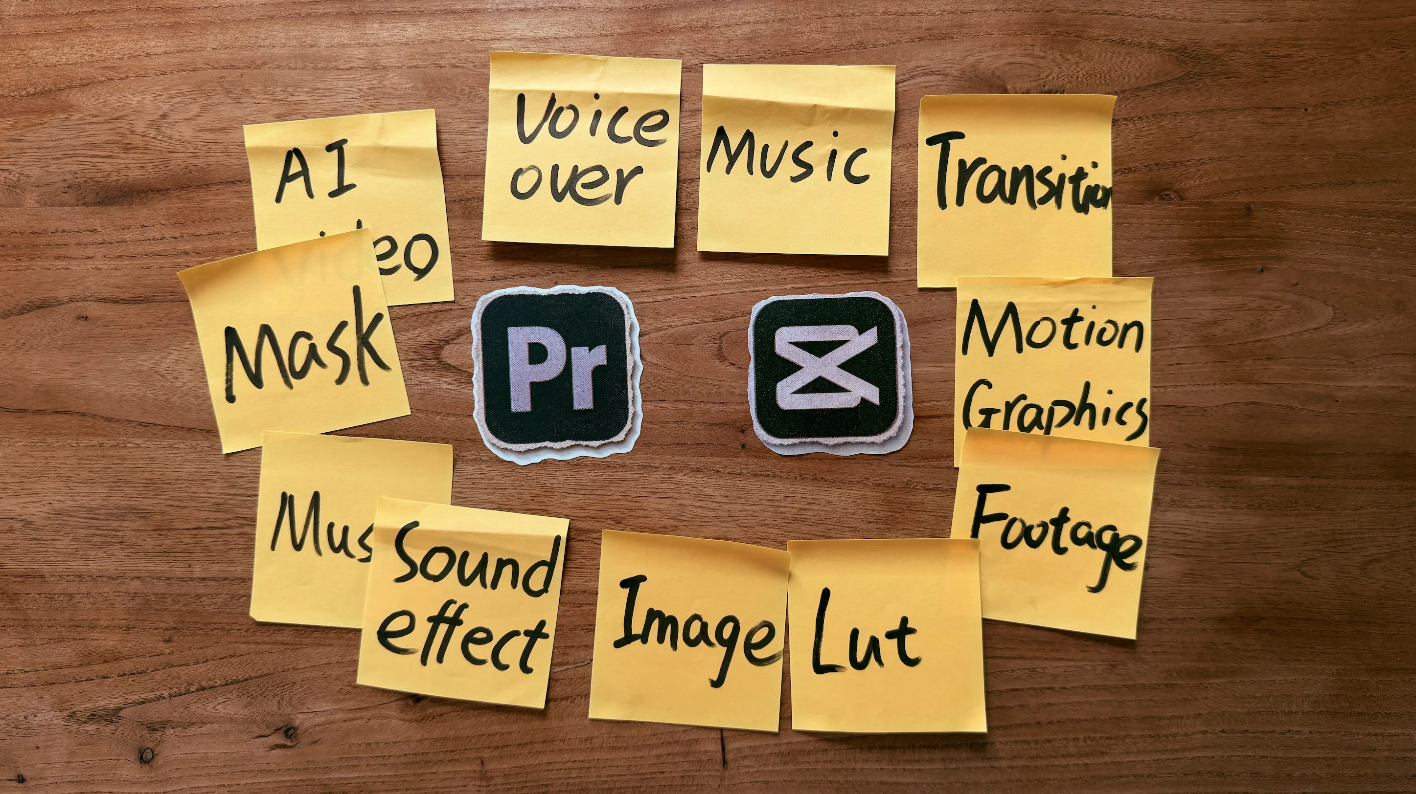Sticky notes naming AI video, masks, voiceover, music, transitions, Motion Graphics, sound effects, images, and LUTs arranged around the Premiere Pro and CapCut icons
