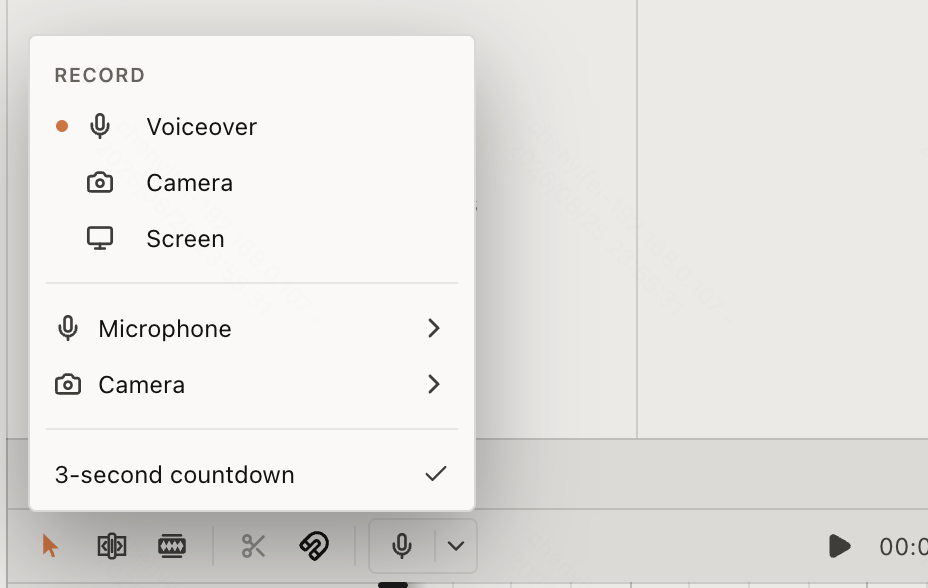 Voiceover, Camera, Screen, device, and countdown options in the Timeline Record menu