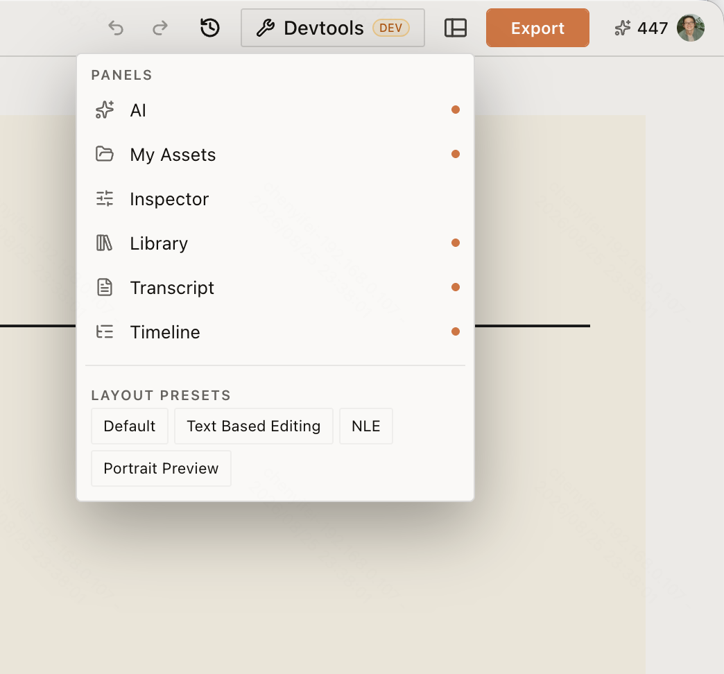 Panel controls and layout presets in the Workspace menu